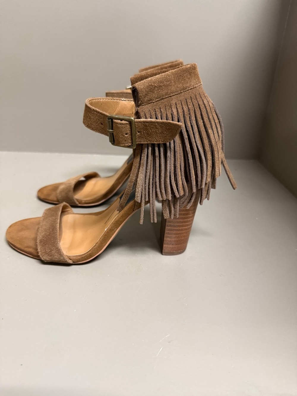 DV ‘Nancy’ Brown Suede Fringe Block Heel Sandals, Boho, Western Festival Vibes